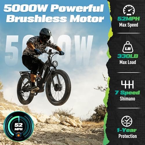 5000W Dual Motor Electric Bike for Adults 52MPH with 60V 32AH Battery, 26x4 Fat Tire All Terrain Ebikes, Full Suspension E Bike, SHM 7-Speed Gear Electric Bicycle 63v-2