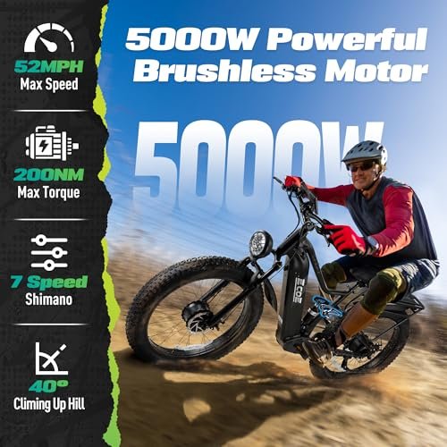 5000W Dual Motor Electric Bike for Adults 52MPH with 60V 32AH Battery, 26x4 Fat Tire All Terrain Ebikes, Full Suspension E Bike, SHM 7-Speed Gear Electric Bicycle 63v-2
