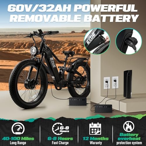 5000W Dual Motor Electric Bike for Adults 52MPH with 60V 32AH Battery, 26x4 Fat Tire All Terrain Ebikes, Full Suspension E Bike, SHM 7-Speed Gear Electric Bicycle 63v-2