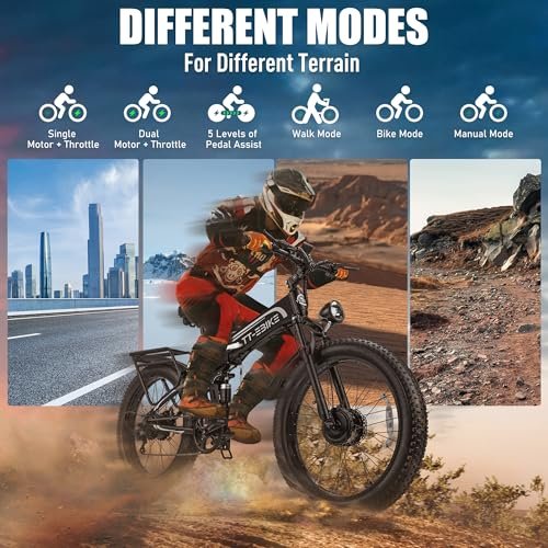 Dual:5000W, 2350W Electric Bike Adults 40/30 MPH with 52V 28/23AH Battery, 26 inch Fat Tire Mountain E Bike, Full Suspension Folding Ebike, Shim 7-Speed Gear