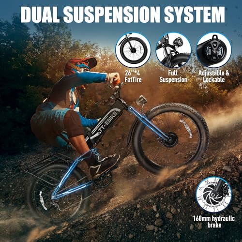 Dual:5000W, 2350W Electric Bike Adults 40/30 MPH with 52V 28/23AH Battery, 26 inch Fat Tire Mountain E Bike, Full Suspension Folding Ebike, Shim 7-Speed Gear