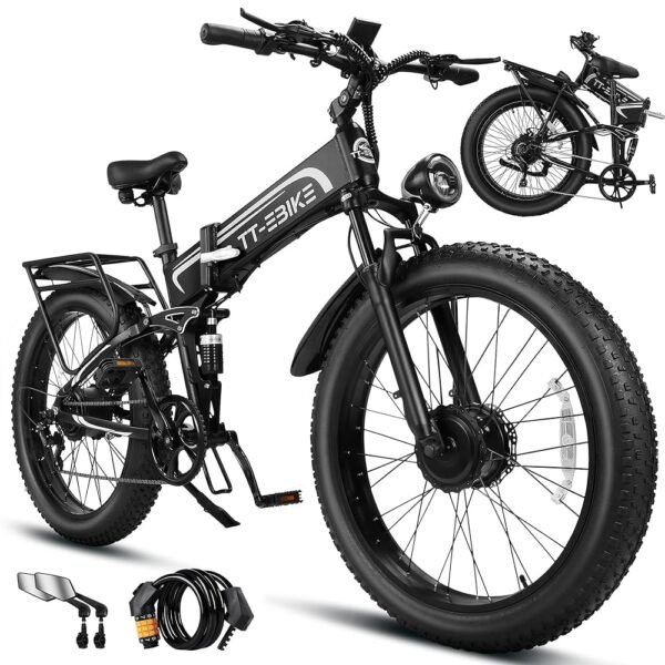 Dual:5000W, 2350W Electric Bike Adults 40/30 MPH with 52V 28/23AH Battery, 26 inch Fat Tire Mountain E Bike, Full Suspension Folding Ebike, Shim 7-Speed Gear