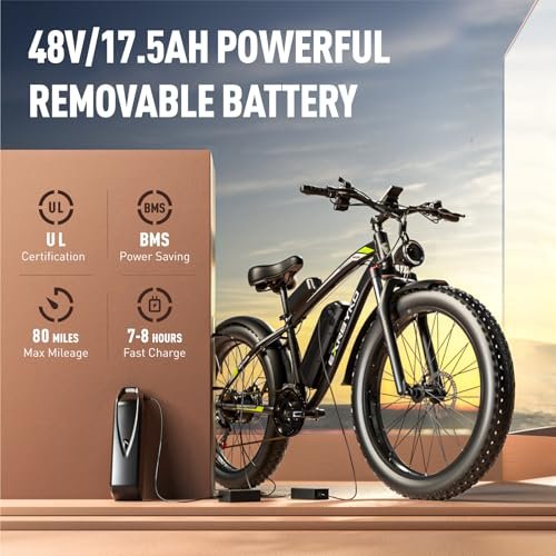 E Bikes for Adults Electric, Peak 1500W/2000W 37MPH Fat Tire Electric Bike for Adults, 48V 17.5AH 840WH Battery, 80 Miles Ebike with 21-Speed Gear ON/Off Road Electric Bicycle...