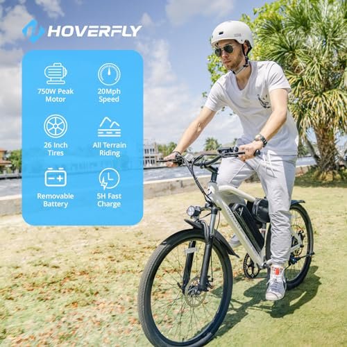 HOVERFLY OUREA Electric Bike 26", 750W Peak Motor Mountain Ebike, Up to 40 Miles 20MPH Removable Battery, 7-Speed and Shock Absorber, Electric Commuter Bike for Adults