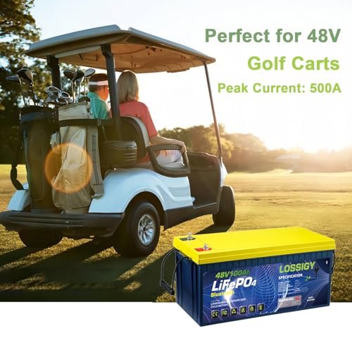 LOSSIGY 48V 100AH Golf Cart LiFePO4 Battery with 48 Volt 10A Lithium Charger, Prefect for RV Solar System, Built in 200A Bluetooth BMS, Peak Current 1000A(3-5s), 10 Yrs Lifespan